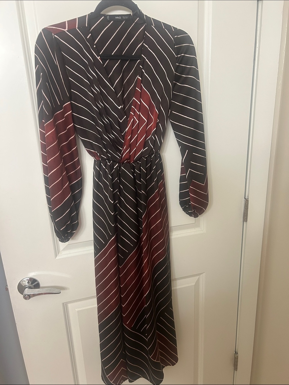 Mango Black and Burgundy Striped Long Sleeve Maxi Dress